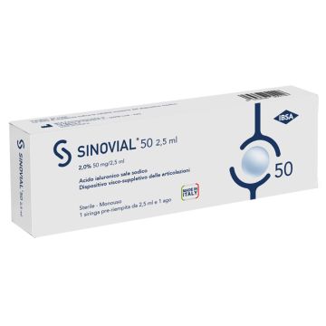 Siringa intra-articolare sinovial 50 acido ialuronico 2% 50 mg/2,5 ml 1 fs + ago gauge 21 1 pezzo