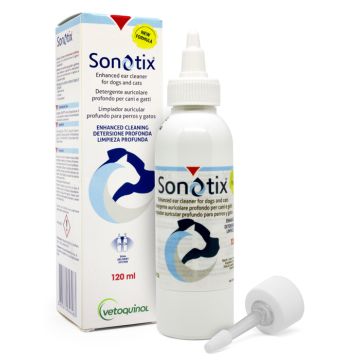Sonotix detergente auricolare profondo cani e gatti 120 ml + cannula corta rigida + cannula lunga flessibile